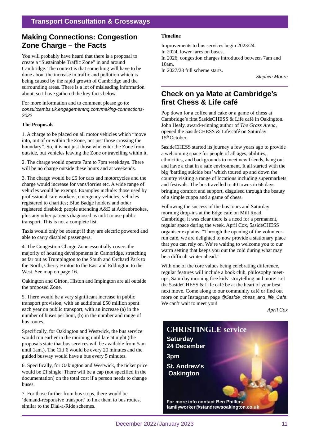 Page 11 of the Oakington & Westwick Journal carrying the Chess & Life café article