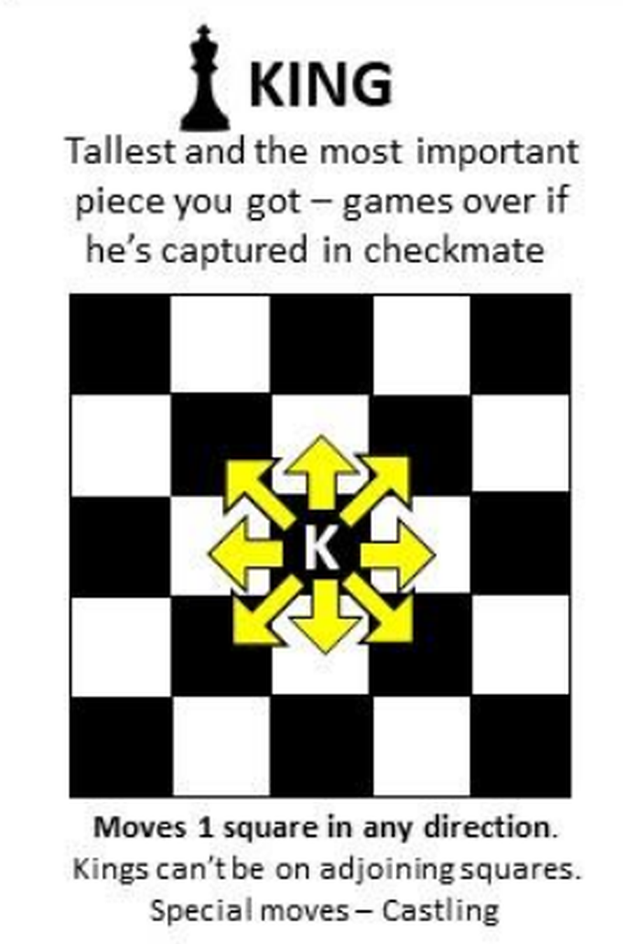 Board diagram with arrows pointing to every neighbouring square, showing that the King moves one square in any direction.