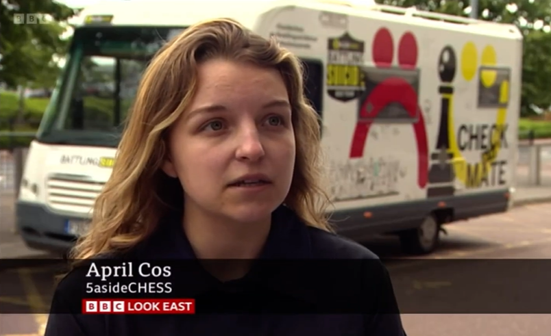 April Cos from 5asideCHESS interviewed by BBC Look East in front of the Battle Bus